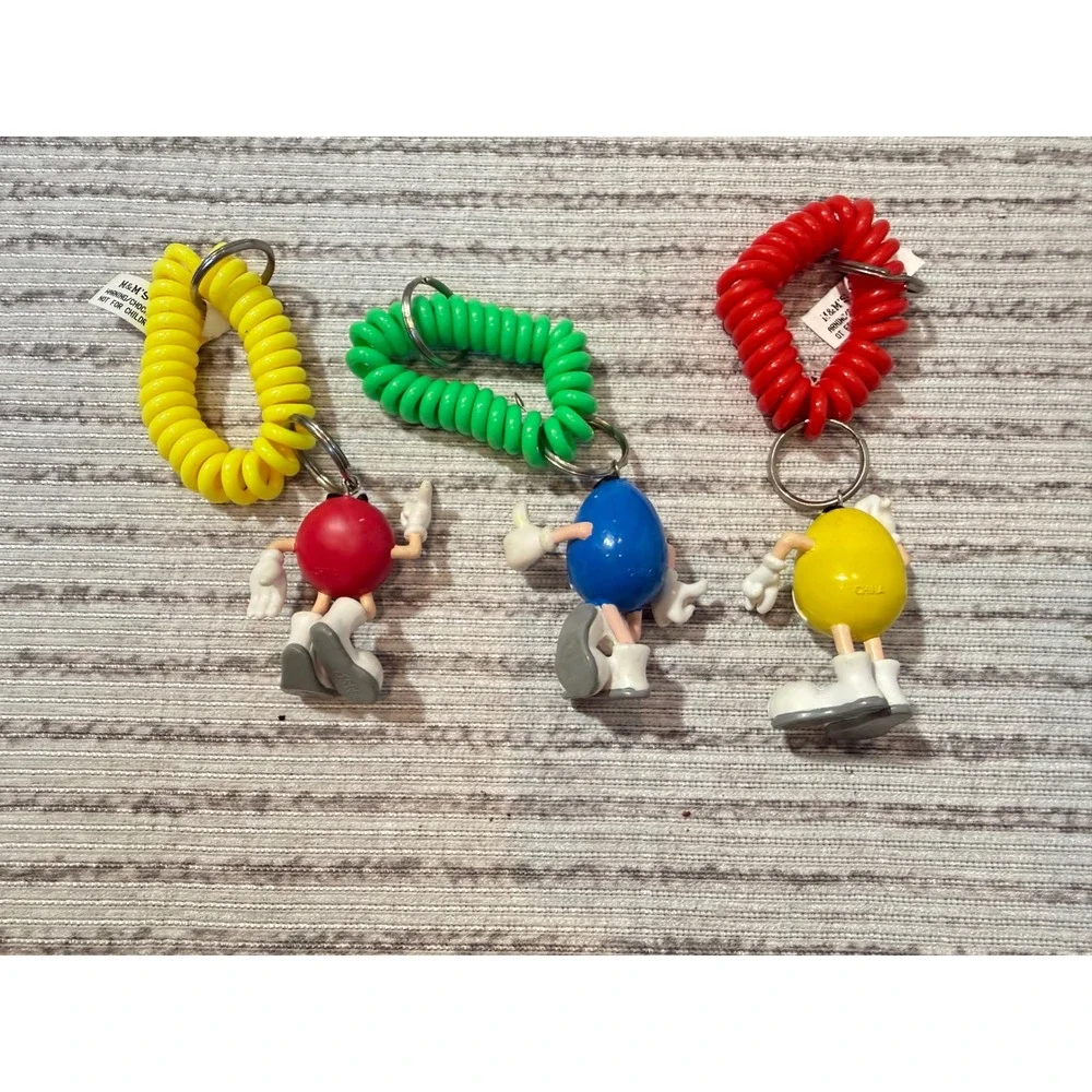 Vintage M&M's Character Keychain Set Red Blue Yellow Spiral Wrist Coil 3 Piece
